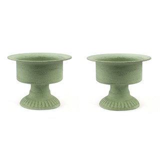 Set of two green metal pedestal candle holders minimalist design
