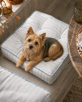 Sky Blue and White Striped Floor Cushion – 18" Tufted Cotton Seat Cushion