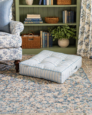 Sky Blue and White Striped Floor Cushion – 18" Tufted Cotton Seat Cushion