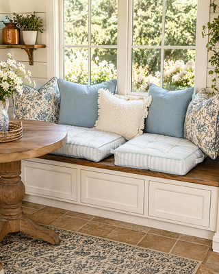 Sky Blue and White Striped Floor Cushion – 18" Tufted Cotton Seat Cushion