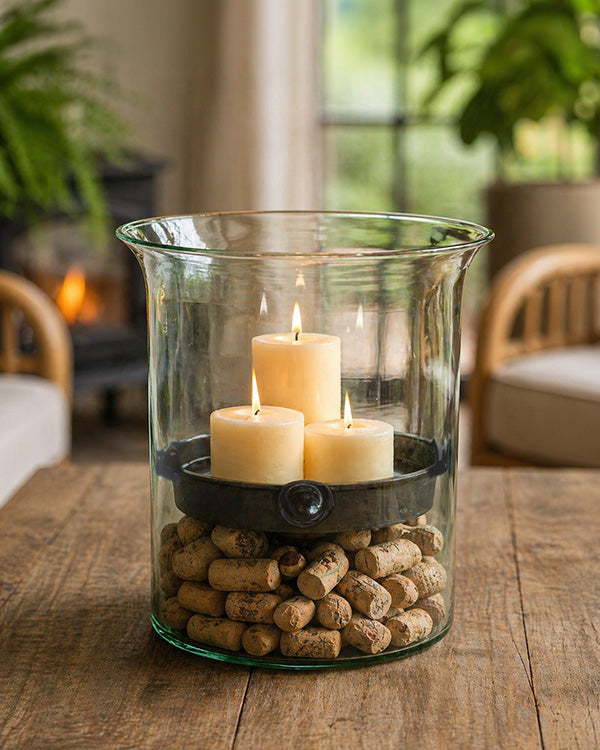 Mouthblown Oversized Glass Hurricane with Rustic Metal Insert