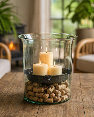 Mouthblown Oversized Glass Hurricane with Rustic Metal Insert