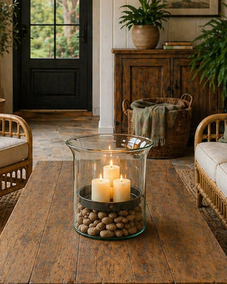 Mouthblown Oversized Glass Hurricane with Rustic Metal Insert