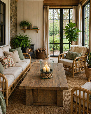 Cozy living room with wicker furniture, wooden coffee table, and potted plants.