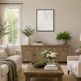 Modern white geometric 3D wall art with black frame displayed above living room console