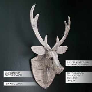 Recycled wood deer mount with interchangeable antlers