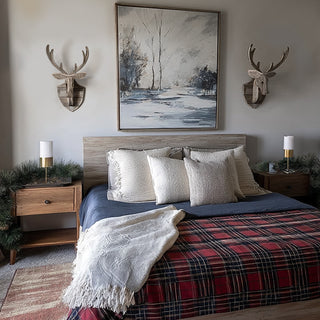 Wooden deer wall decor in cozy bedroom setting
