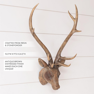 Close-up of handcrafted antique brown distressed deer head wall mount showing realistic texture details and dimensions on white shiplap background