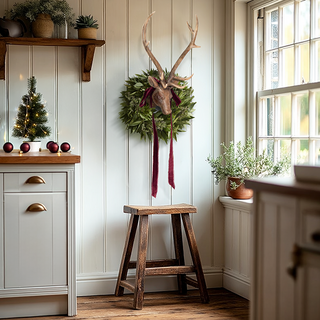 Farmhouse living room styling with rustic deer head wall mount featuring natural antlers displayed above wooden stool with Christmas tree and vintage decor