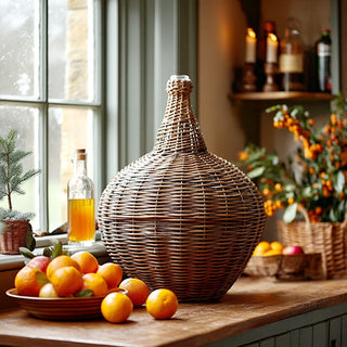 Woven wicker demijohn bottle with glass insert on wooden table with oranges and greenery in rustic farmhouse kitchen