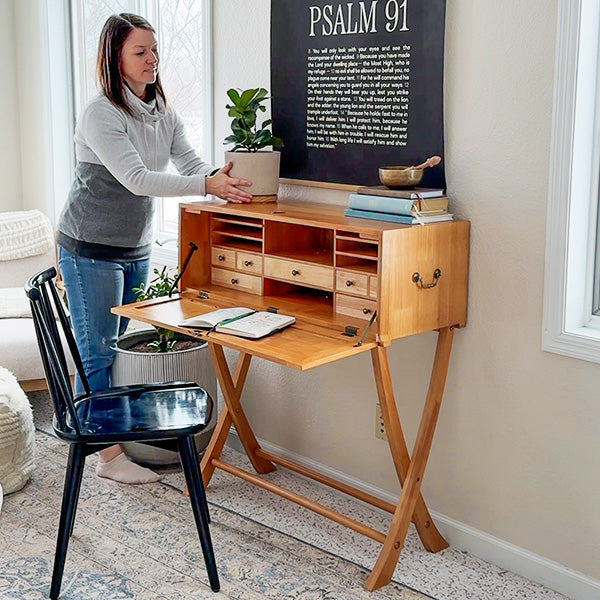 Vintage Drop-Front Secretary Desk with Key | X-Leg Base Natural Wood Finish