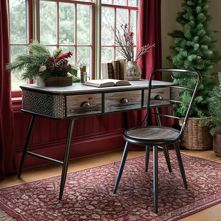 Rustic Wood and Metal Desk with Collapsible Chair Set