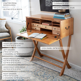 Close-up of secretary desk specifications showing dimensions and interior measurements with natural wood finish