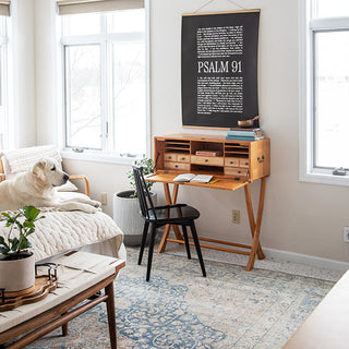 Secretary desk with drop-front closed in modern living room with area rug and houseplants