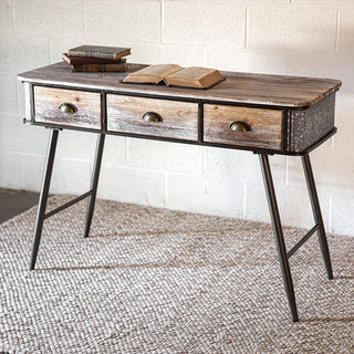 Rustic Wood and Metal Desk with Collapsible Chair Set