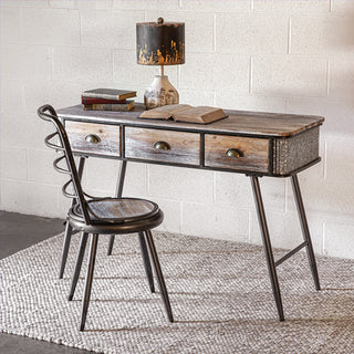 Rustic Wood and Metal Desk with Collapsible Chair Set