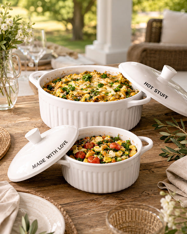 White Stoneware Casserole Dish Set with Lids - Hot Stuff Made With Love
