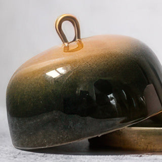 Stoneware Covered Serving Dish - Gold Green Ombre Dome Lid