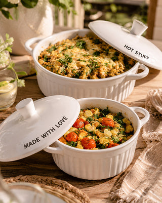 White Stoneware Casserole Dish Set with Lids - Hot Stuff Made With Love
