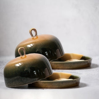 Stoneware Covered Serving Dish - Gold Green Ombre Dome Lid