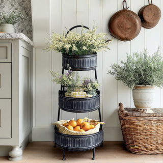 Industrial 3-tier metal basket floor stand with distressed finish farmhouse decor