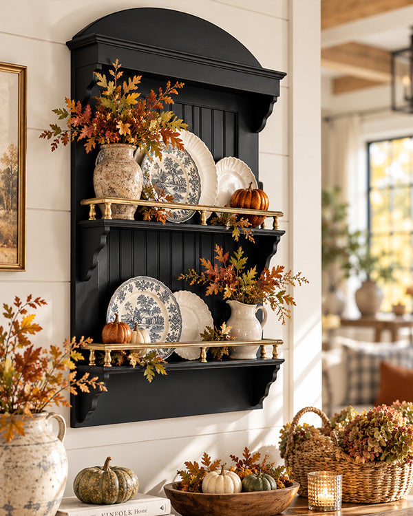 Black Farmhouse Wall Plate Display Shelf with Gold Accents | 3-Tier Beadboard Wall Shelf