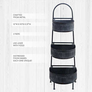 Three tier galvanized metal storage basket display stand 37 inches tall