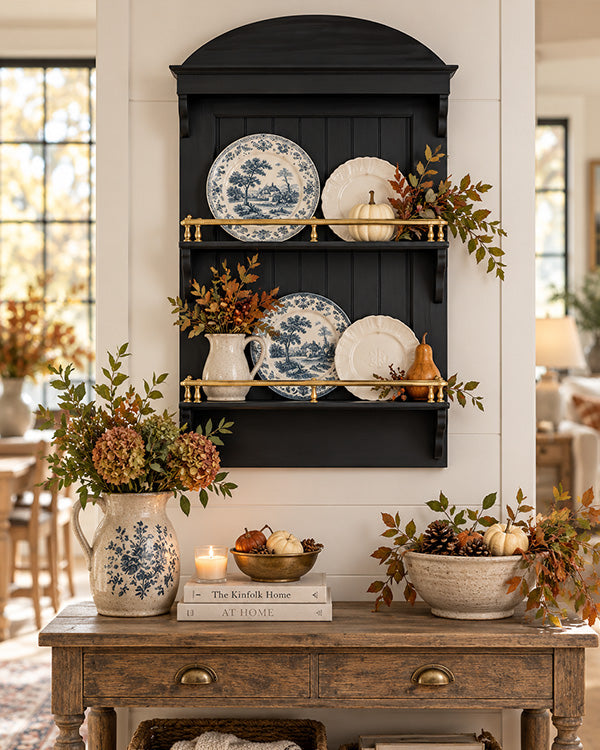 Black Farmhouse Wall Plate Display Shelf with Gold Accents | 3-Tier Beadboard Wall Shelf