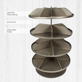 Close-up of divided compartments and tiered storage sections on rotating organizer