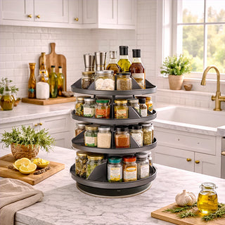 4-tier metal organizer on kitchen counter holding spice jars and cooking essentials