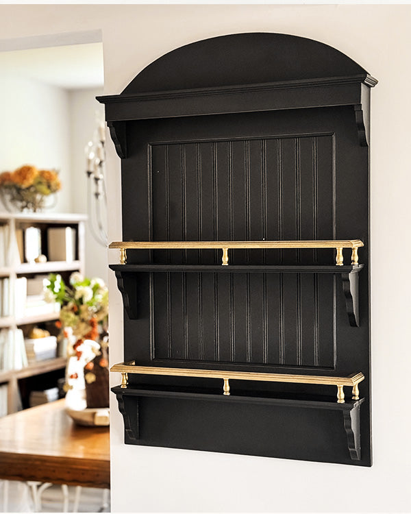 Black Farmhouse Wall Plate Display Shelf with Gold Accents | 3-Tier Beadboard Wall Shelf