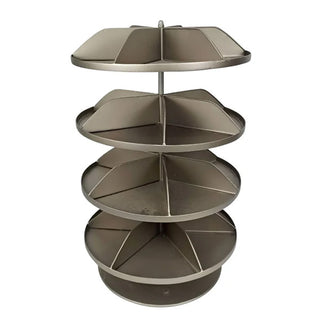 Dark grey metal rotating storage tower shown from front angle