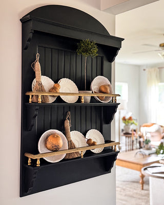 Black Farmhouse Wall Plate Display Shelf with Gold Accents | 3-Tier Beadboard Wall Shelf