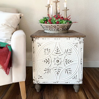 Architectural Salvage Ceiling Tile Side Table – distressed white antique-style accent table