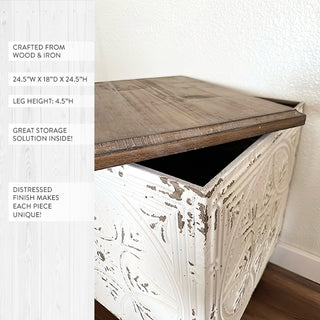 Close-up of ornate ceiling tile tabletop design with vintage carved detailing