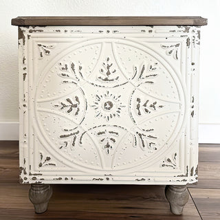 Rustic ceiling tile side table styled in farmhouse living room décor setting