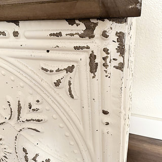 Small accent side table with distressed charm and repurposed ceiling tile design