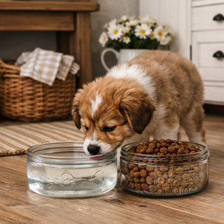 Glass dog bowl set with puppy drinking water