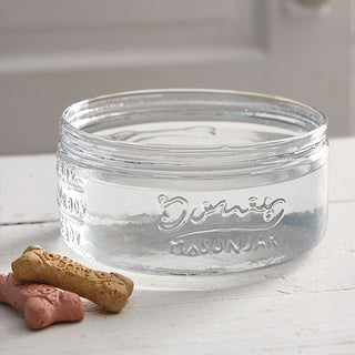 Large dog with clear glass food and water bowls