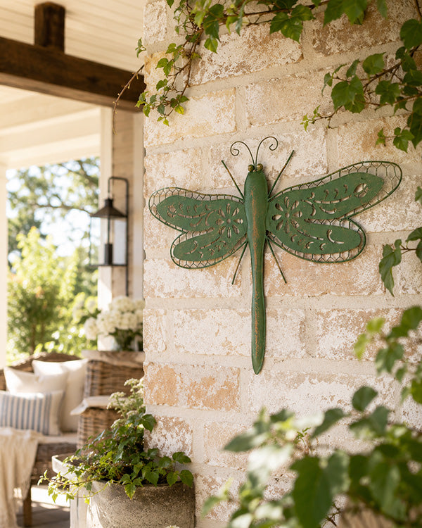 20 Inch Distressed Green Copper Finish Wall Dragonfly