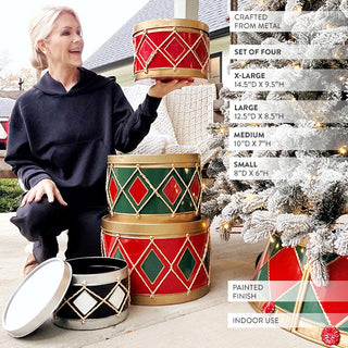 Festive Harlequin Drum Christmas Containers, Set of Four