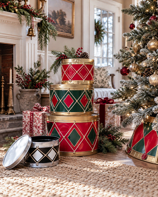 Festive Harlequin Drum Christmas Containers, Set of Four