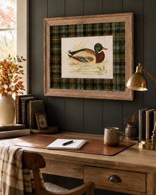 Vintage Framed Duck Art Print with Plaid Mat Barnwood Frame