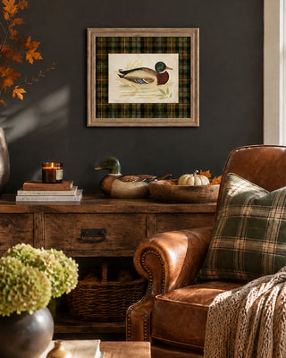 Vintage Framed Duck Art Print with Plaid Mat Barnwood Frame