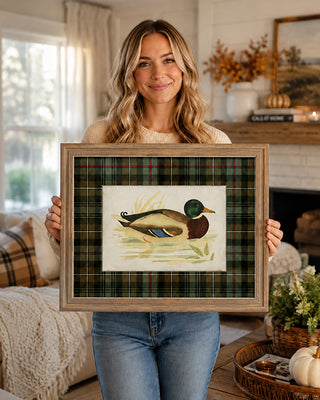 Vintage Framed Duck Art Print with Plaid Mat Barnwood Frame