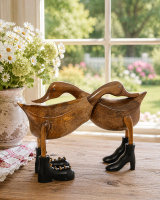 Hand-Carved Wooden Hugging Ducks Sculpture Set of 2