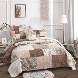 DaDa Bedding Dusty Rose Taupe Beige Brown Floral Cottage Patchwork Quilted Bedspread Set 