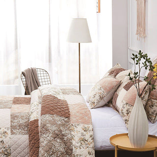 DaDa Bedding Dusty Rose Taupe Beige Brown Floral Cottage Patchwork Quilted Bedspread Set 