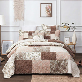 DaDa Bedding Dusty Rose Taupe Beige Brown Floral Cottage Patchwork Quilted Bedspread Set 