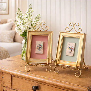 Gold vintage picture frames with metal stand set